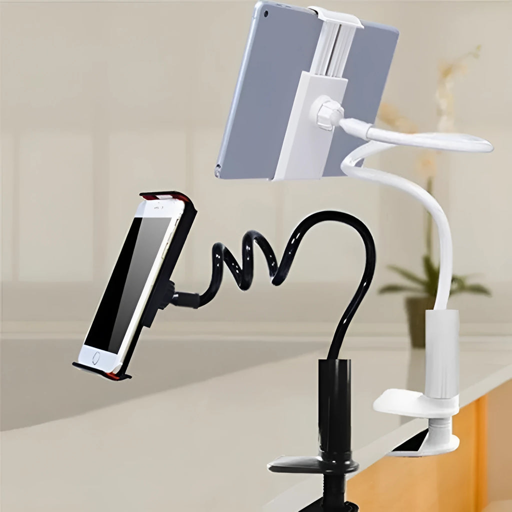Black flexible mount holder holding tablet with adjustable arm and suction base