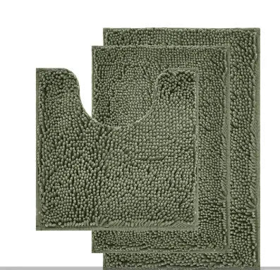 Chenille long hair three-piece bathroom carpet set with U-shaped toilet mat in green.