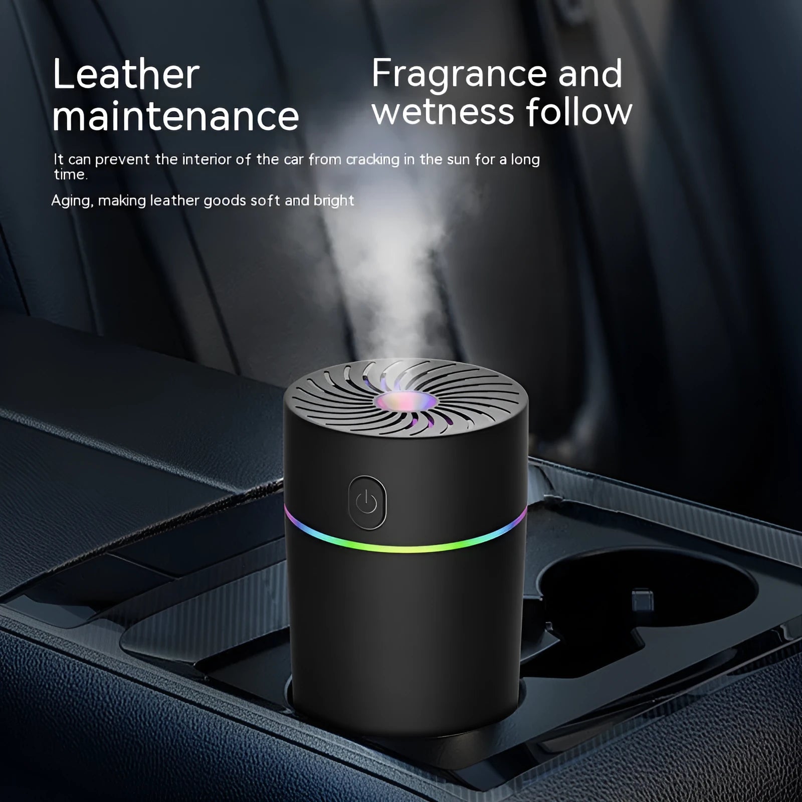 Compact white car USB humidifier with aromatherapy function showing USB connection and water reservoir