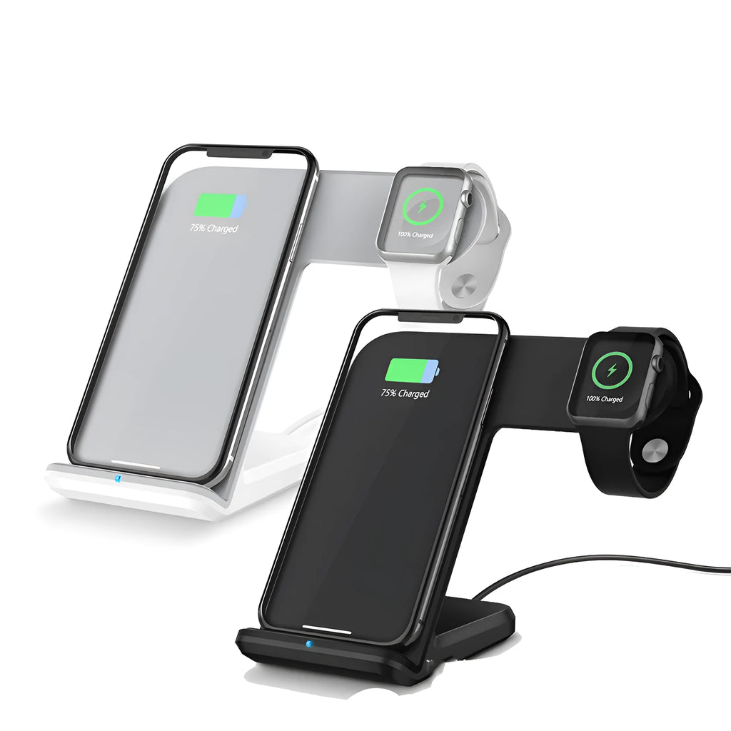 Black and white wireless charging pad for mobile phones with 140mm dimensions and Type-C cable