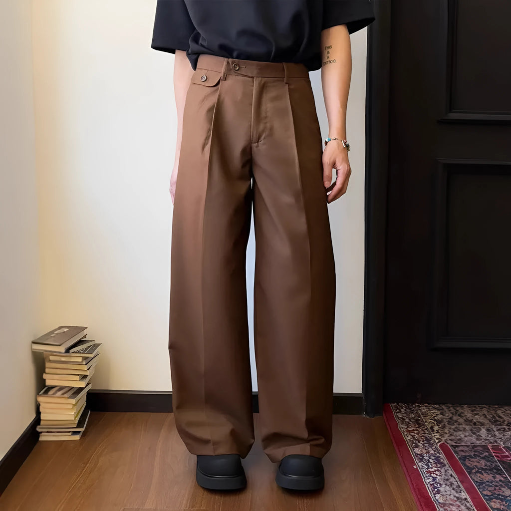 Men's brown straight-leg casual trousers with a loose wide-leg cut on a neutral background.