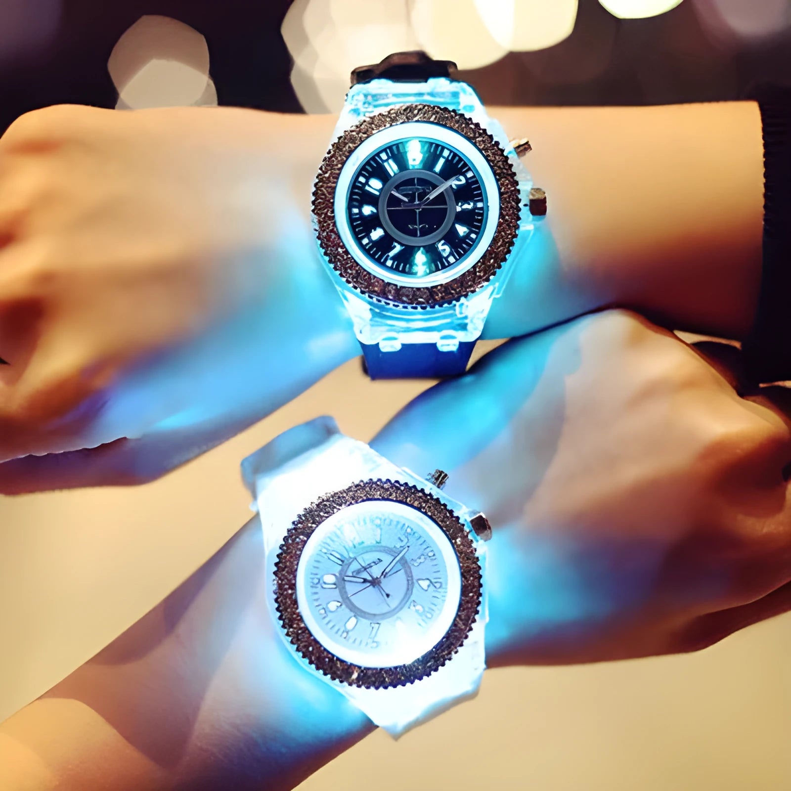 Women's LED luminous quartz watch with round 43mm alloy case and silicone strap in multiple colour options