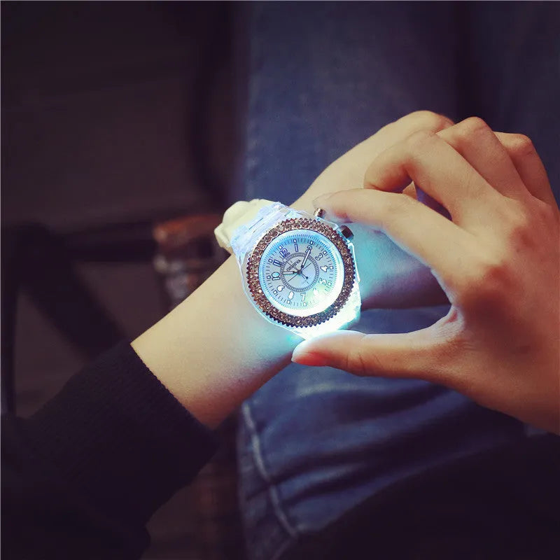 Women's LED luminous quartz watch with round 43mm alloy case and silicone strap in multiple colour options