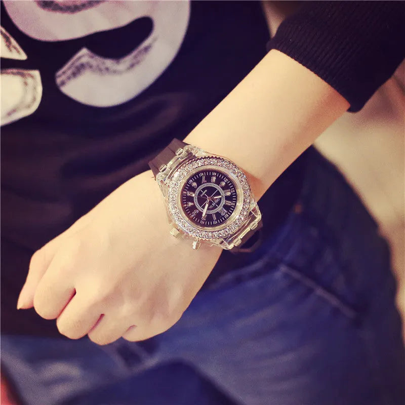 Women's LED luminous quartz watch with round 43mm alloy case and silicone strap in multiple colour options