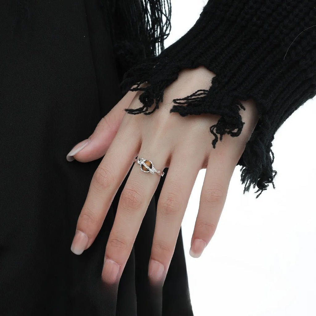 Saturn design silver open ring with white gold electroplated finish and adjustable opening