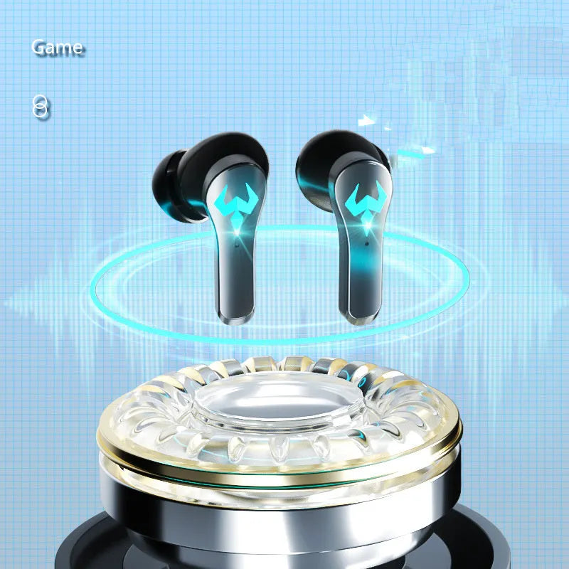Black wireless in-ear sports headset with noise-cancelling feature and Bluetooth 5.0 connectivity