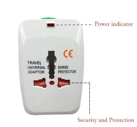 Universal travel adapter plug measuring 73x50x39mm for international socket conversion
