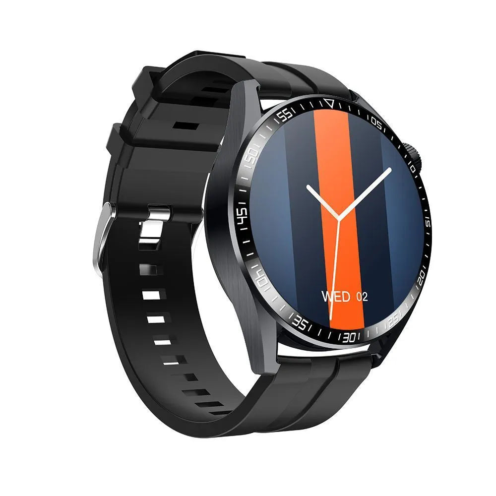 Black GS3 Max smartwatch on a silicone strap, showing a homescreen with health stats.