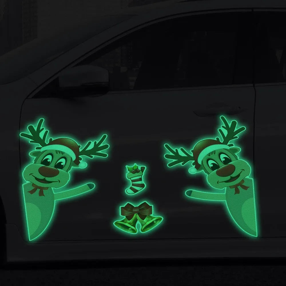 Set of magnetic Christmas elk bell cartoon design bumper stickers with reflective luminous finish.