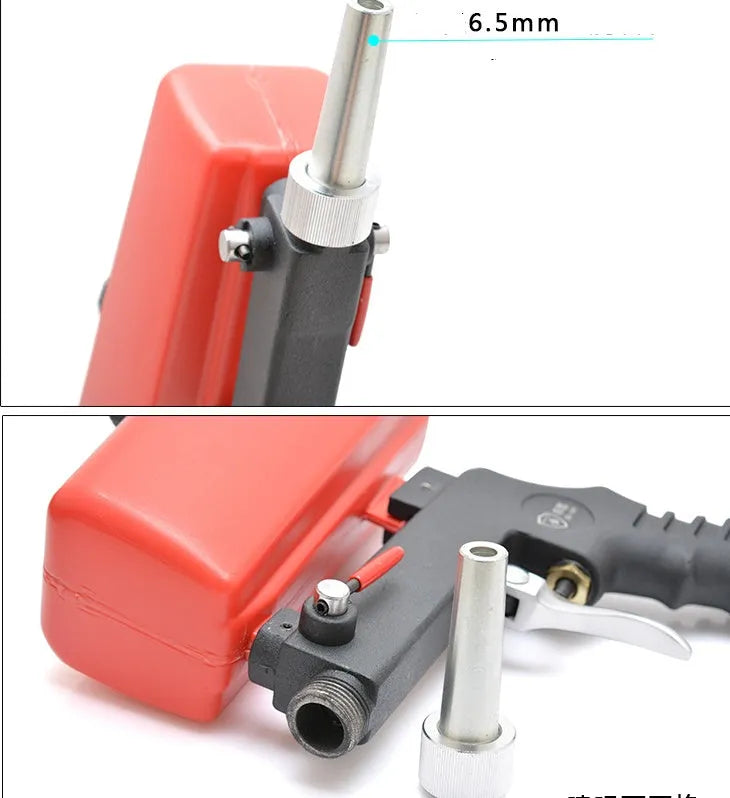 Portable blue pneumatic sandblasting gun with large hopper and nozzle for industrial surface cleaning.