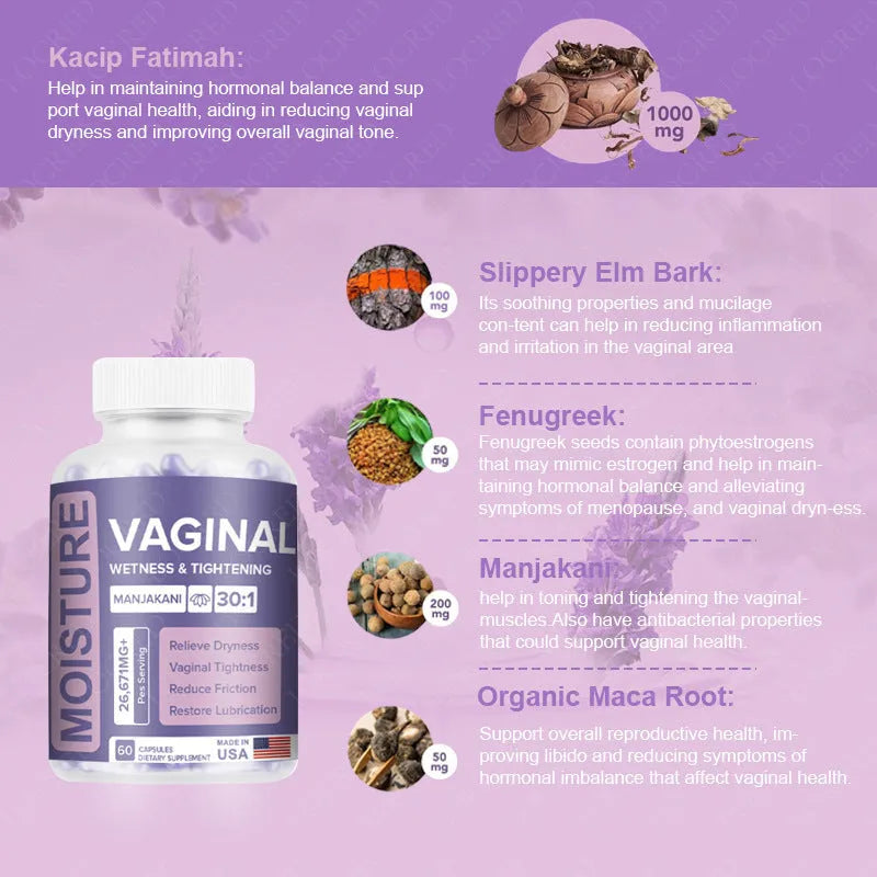 Bottle of 60 vaginal health capsules with plant extraction formula for adult women