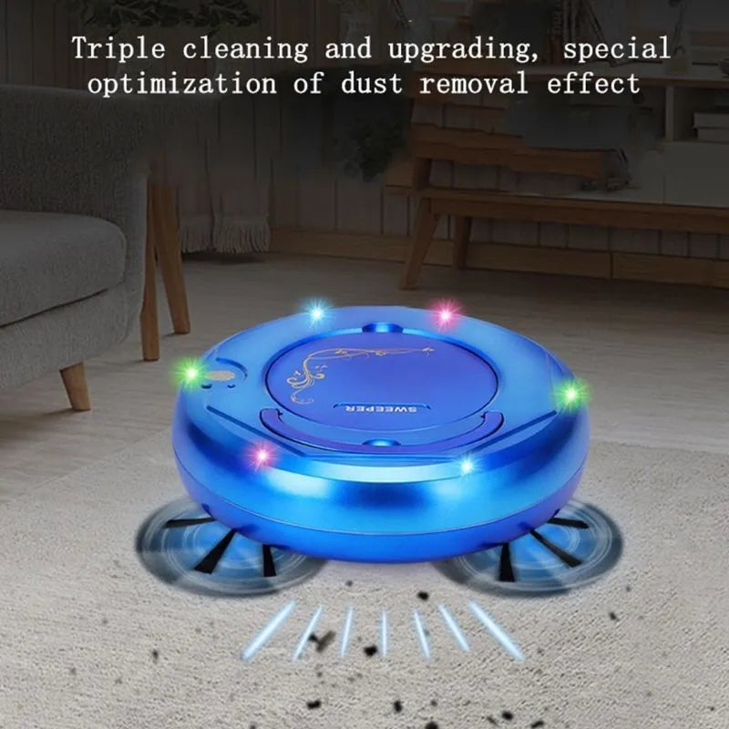 Smart floor sweeping robot vacuum cleaner in black, blue, or white colours with charging cable and cleaning attachments