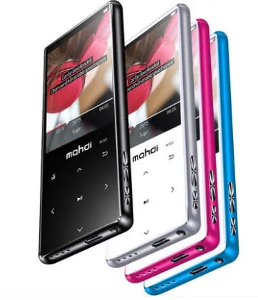 Portable black MP3 MP4 player with 2.4-inch touch screen showing music interface, placed next to wireless headphones.