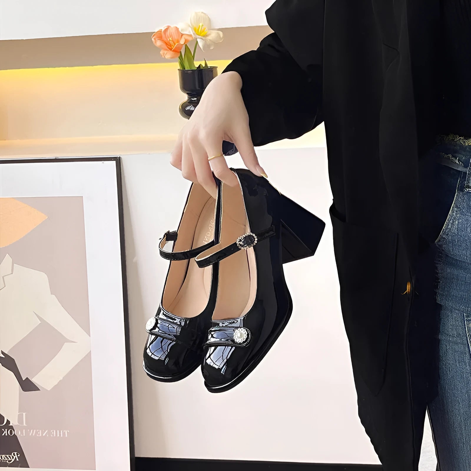 Women's black patent leather chunky heel round toe shoes for wide feet.