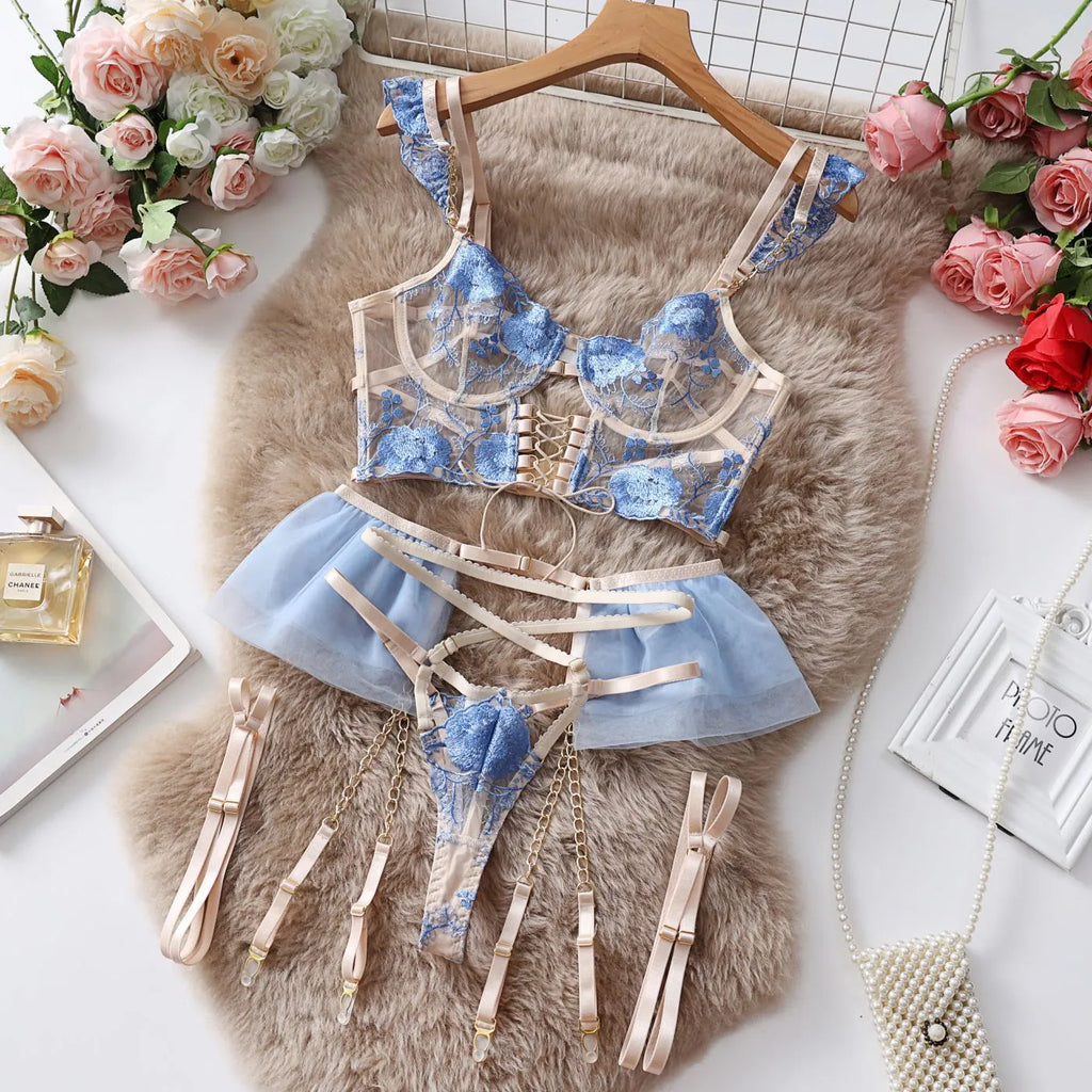 Light blue transparent push up bra with embroidered lace detailing and matching underwear