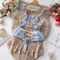 Light blue transparent push up bra with embroidered lace detailing and matching underwear
