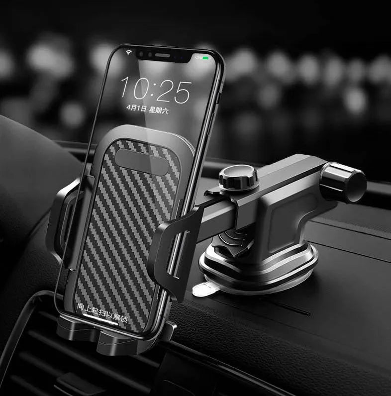 Black universal adjustable car phone holder mounted on a car air vent, showing EVA foam lining inside the cradle.