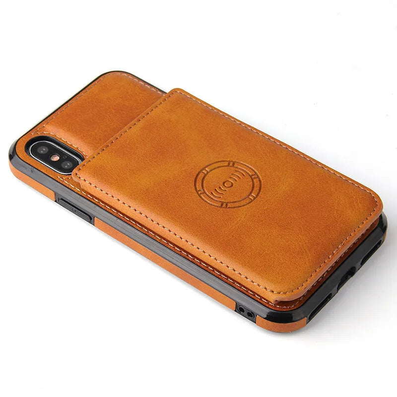Imitation leather card wallet iPhone case showing card slots and available colour options