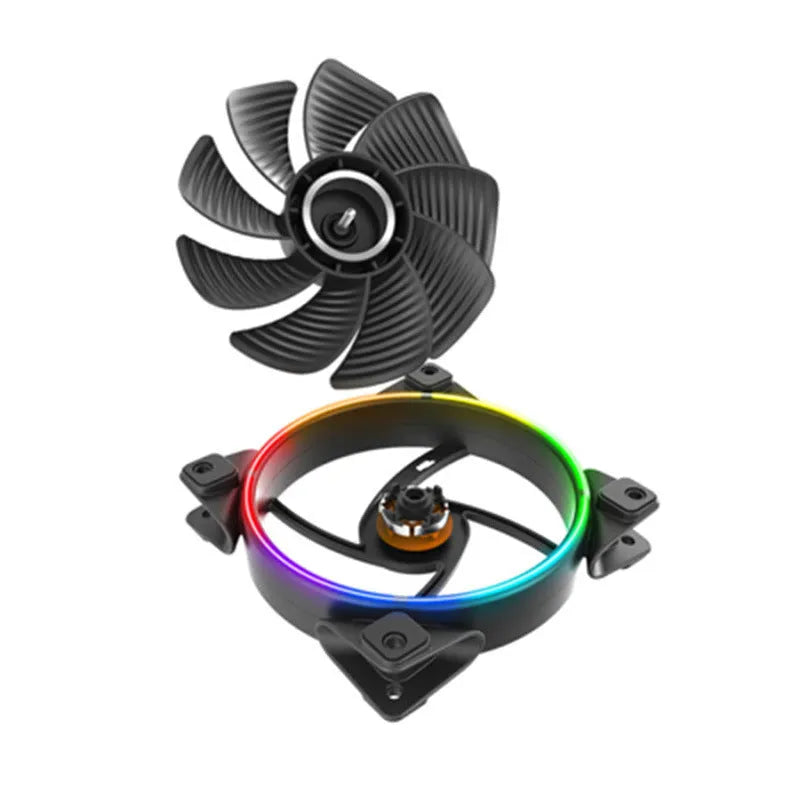 Three black 120mm RGB PC cooling fans with rotating blades and LED lighting