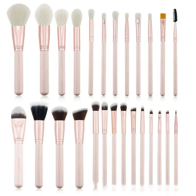 26 pink makeup brushes with wooden handles in PU storage bag