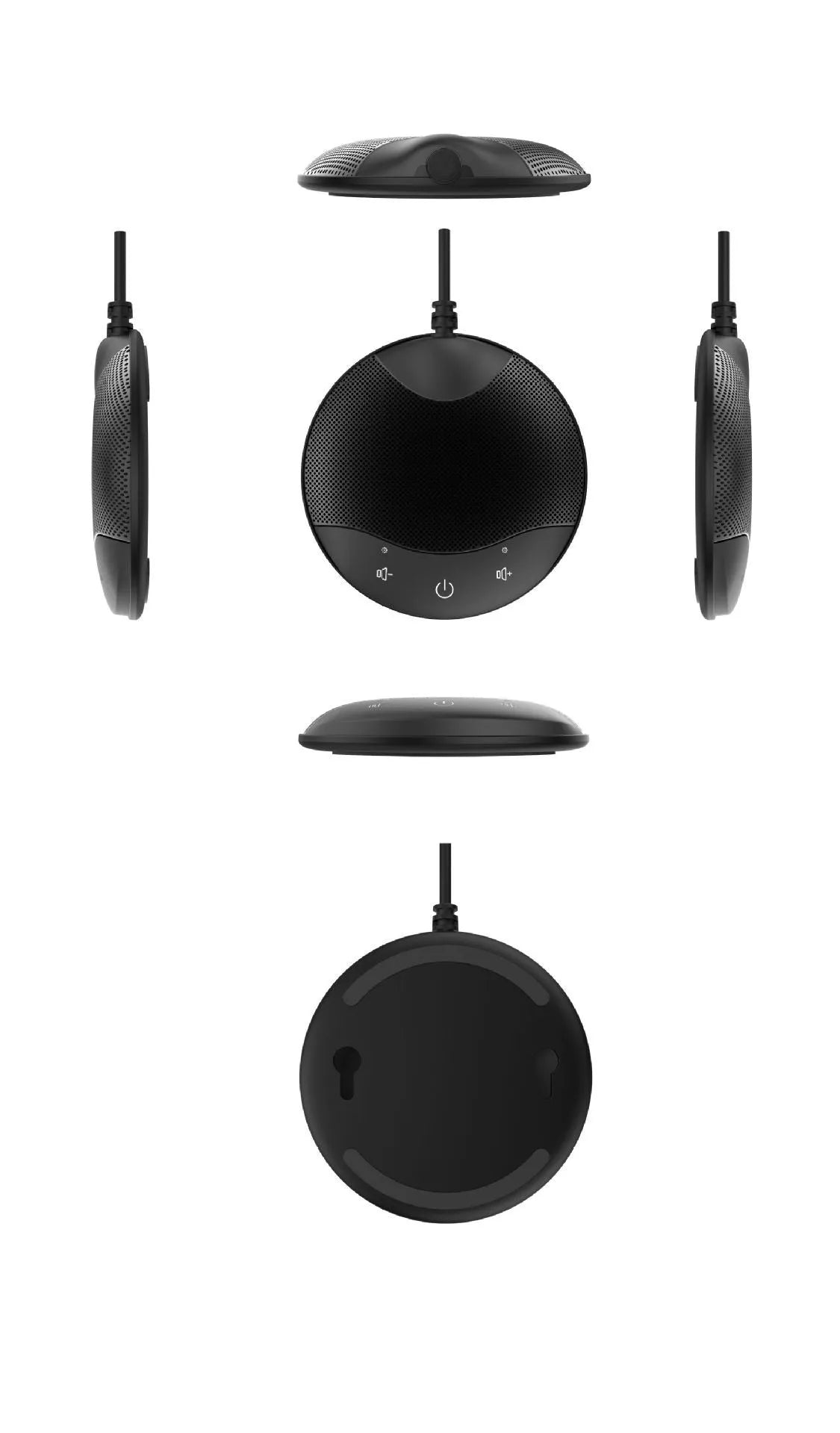 Black USB condenser microphone for conference and recording with 9x9x1.7cm desktop dimensions