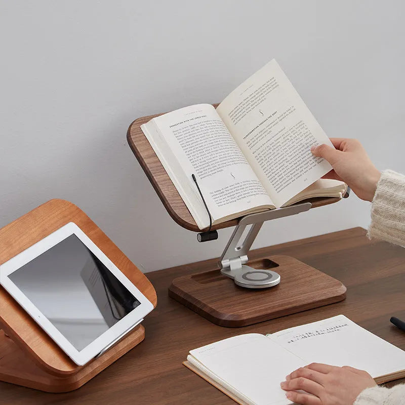 Black walnut wood adjustable rotating reading rack holding book and iPad tablet