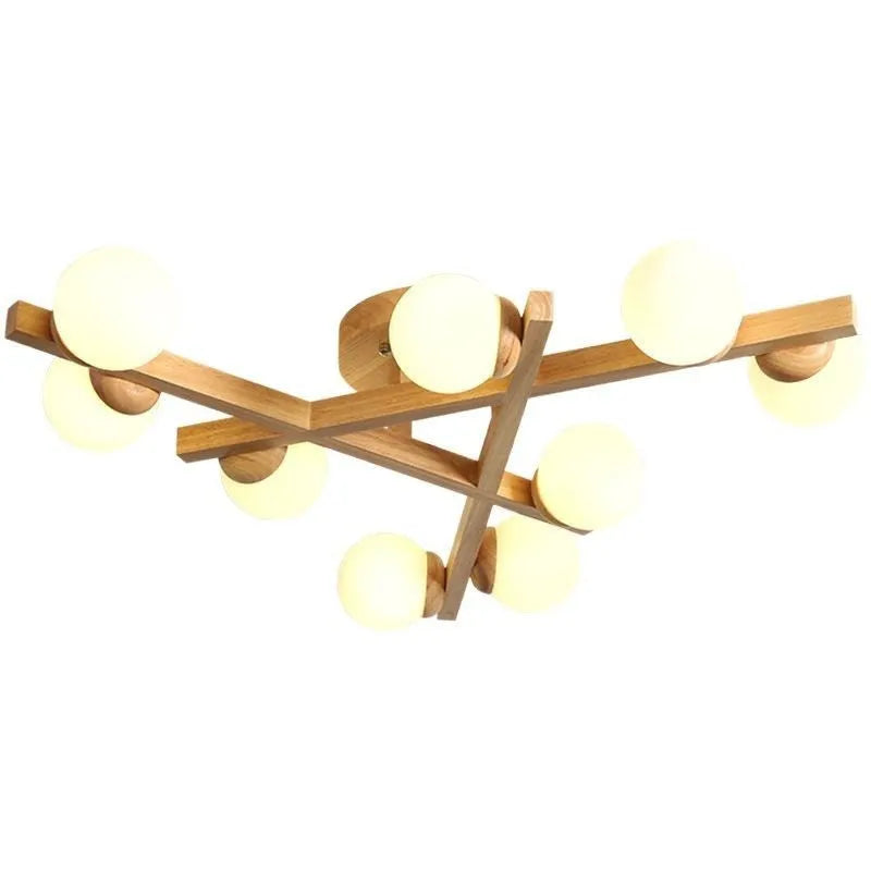 Wooden style Scandinavian three-head ceiling light with flush mount installation