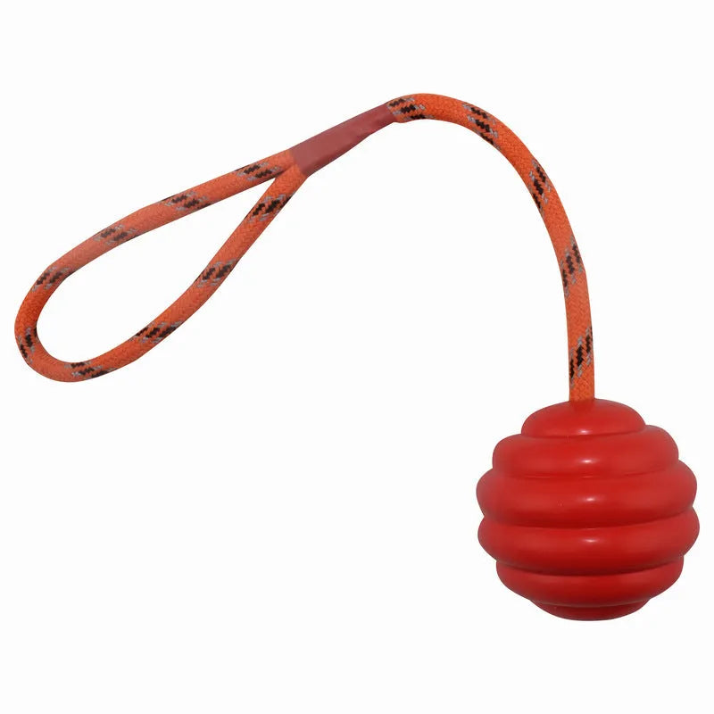 Multi-coloured rubber dog chew ball with rope knots measuring 6x30cm