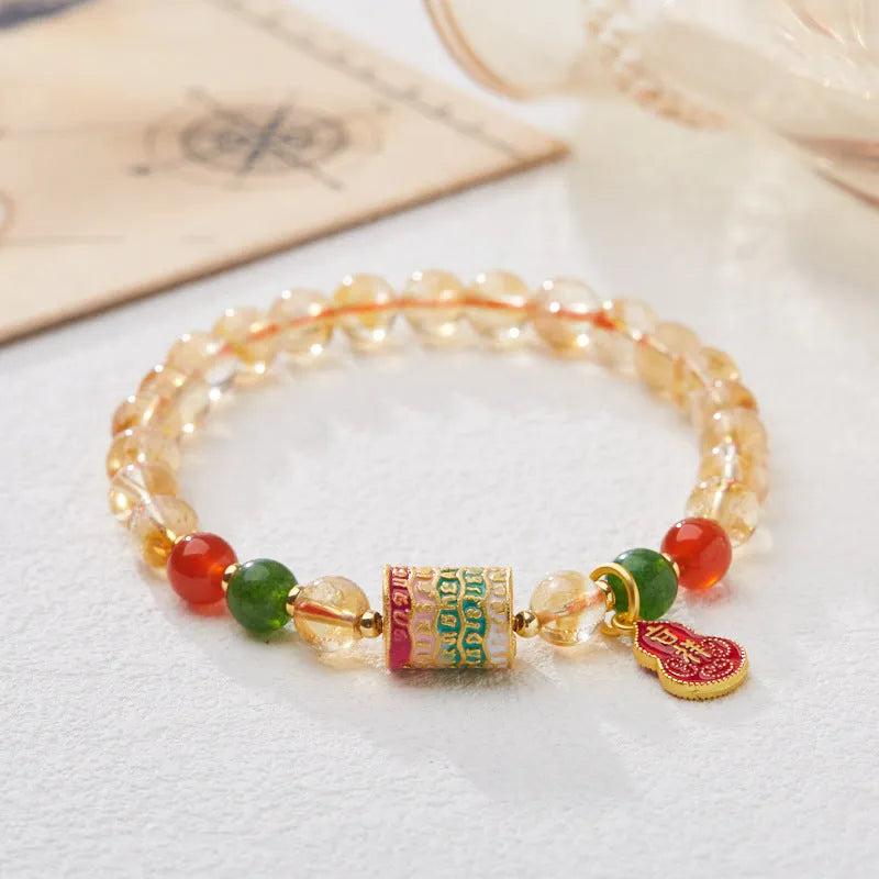 Hand-woven citrine five sutra bracelet with 6mm crystal beads in geometry pattern