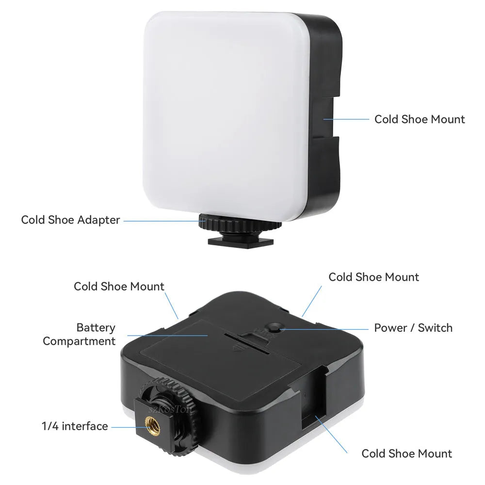 LED mini square pocket light tripod flash unit showing compact 7.3x2.8x8.4 cm dimensions and multiple attachment configurations