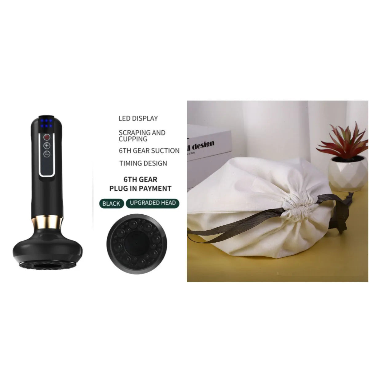 Green electric vacuum cupping massager with USB charger and instruction manual