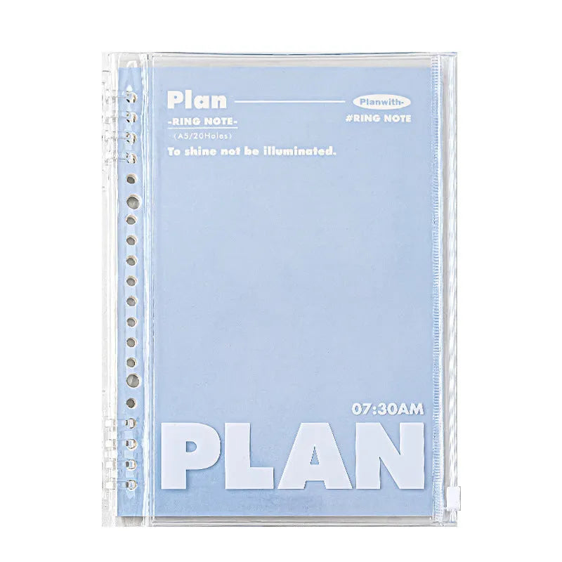 A5 size spiral-bound notebook with a PVC cover, shown in blue and white colour options.