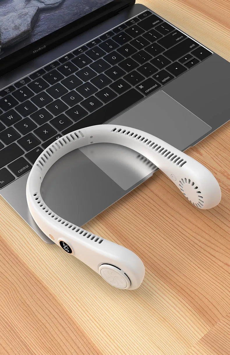 White USB charging bladeless neck fan with adjustable speed settings worn around neck
