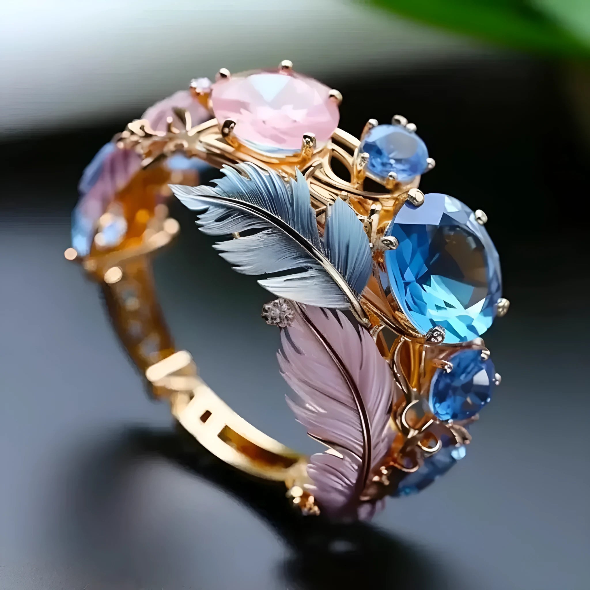 Gold colour brass ring with embossed feather design and small zircon stones on a geometric band.
