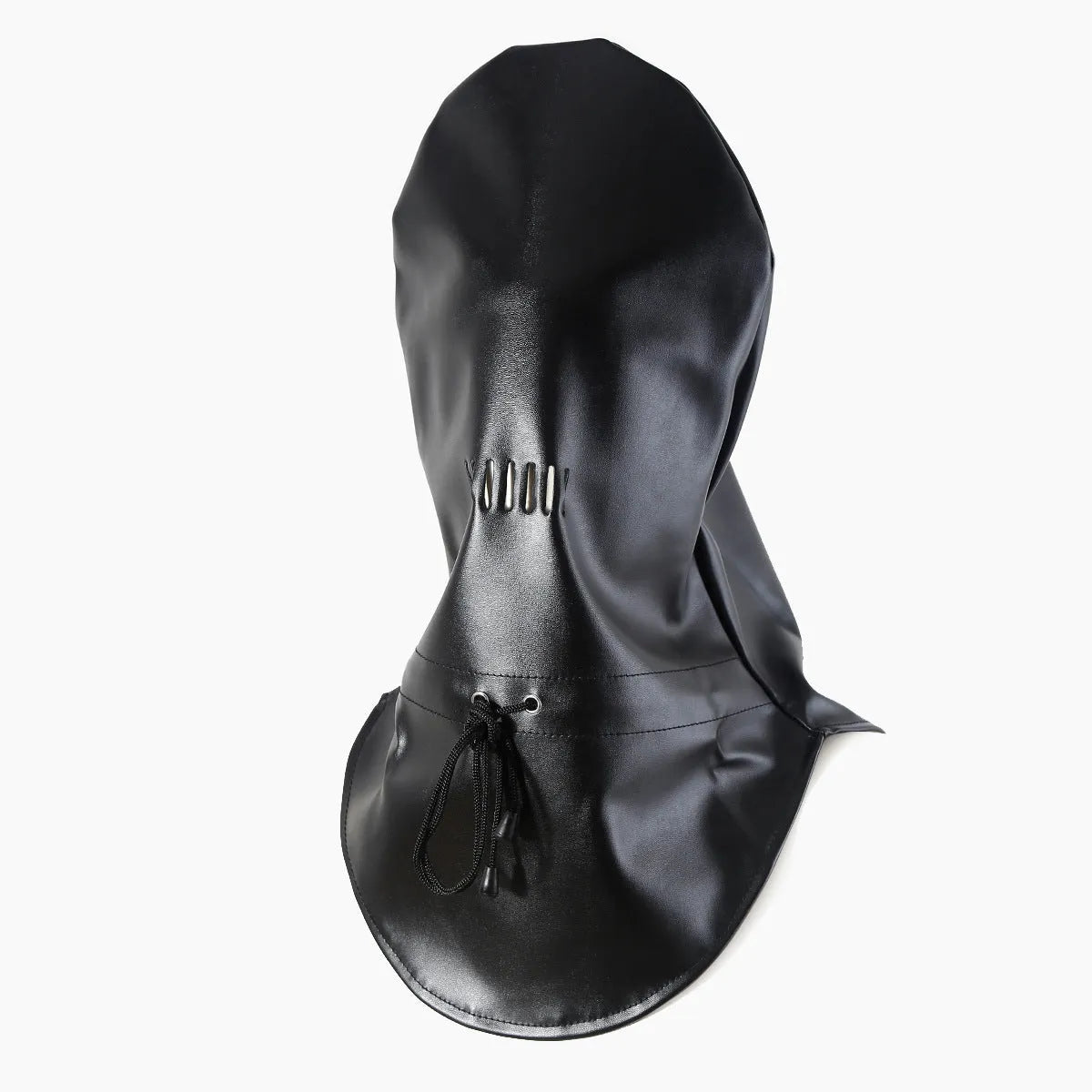 Black synthetic leather face mask for adult training with adjustable straps.