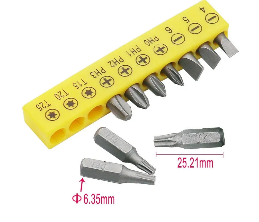 L rod double-headed socket wrench handle with a set of 10 steel drill bits laid out.