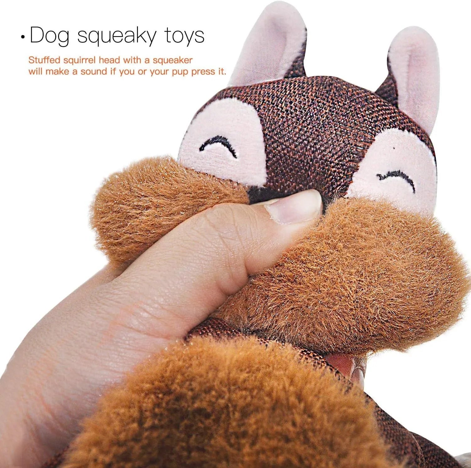 Brown plush fox dog toy with embroidered eyes, cotton rope limbs, and a squeaker.