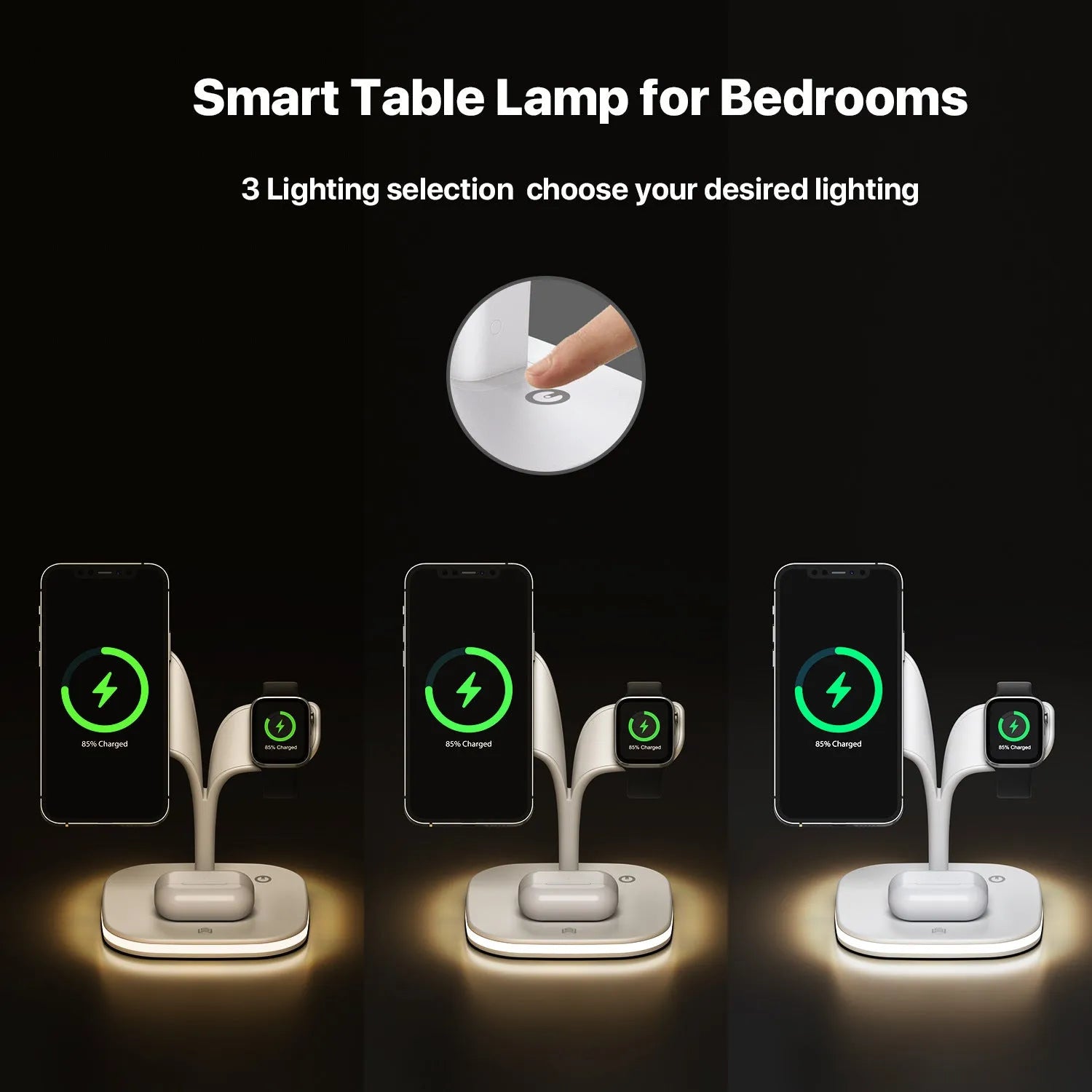Three-device wireless charging station for phone, watch and headphones on desktop