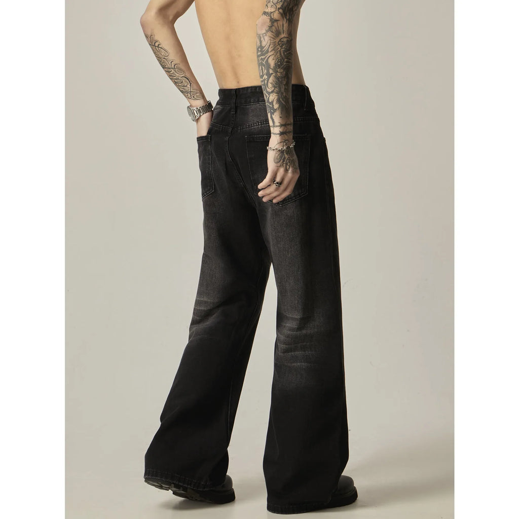 Black loose straight-leg American retro jeans with zipper fly on mannequin
