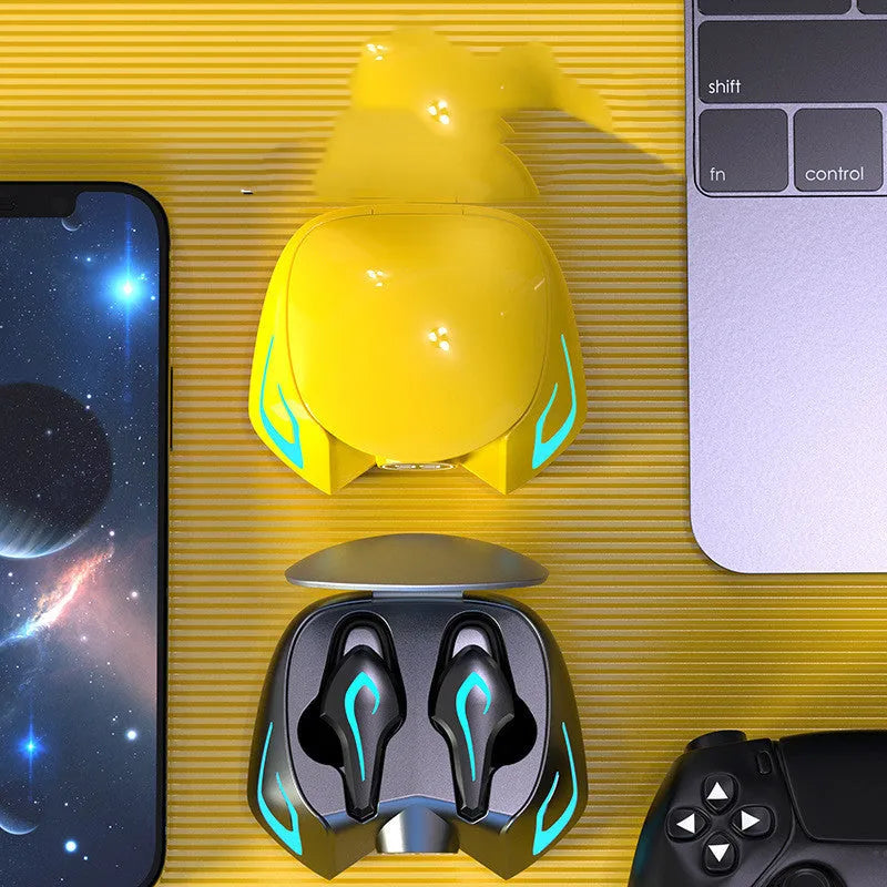 Bluetooth gaming headset with earplug design in black, grey and yellow colour options