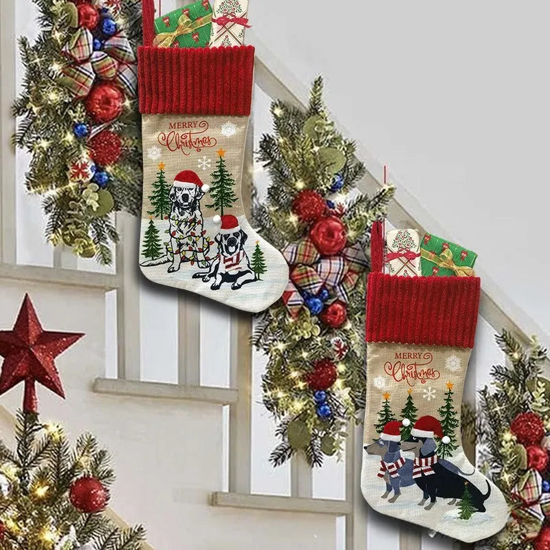 Large 46x28cm cloth Christmas tree pendant with pet and gift bag design in pastoral style