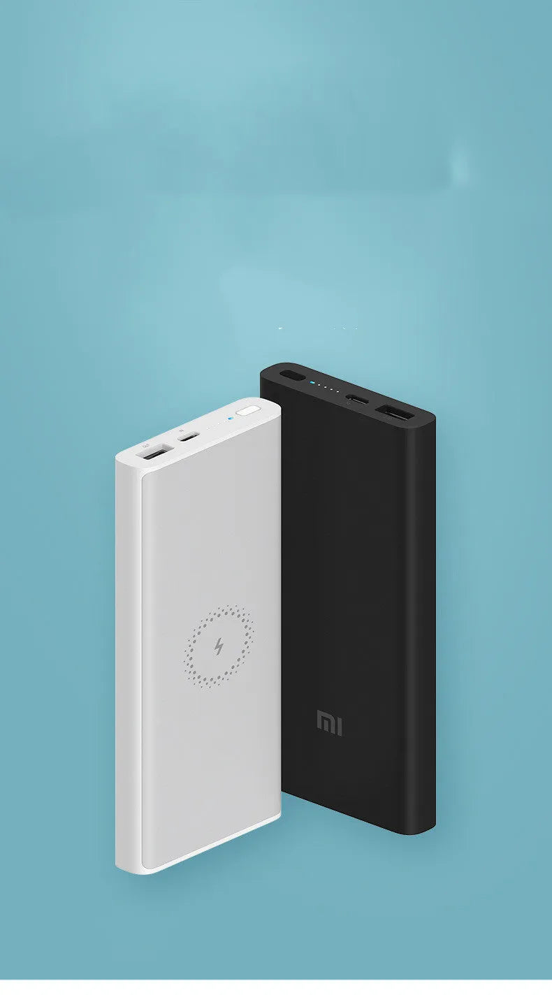 White and black large capacity 10000mAh power bank with USB-C port and wireless charging symbol.