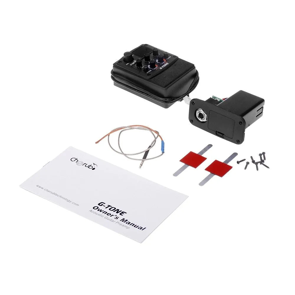 Black Cherub GT-6 acoustic guitar soundhole pickup with EQ knobs and effects controls.