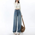 Women's retro blue high waist wide leg jeans with straight leg design and spandex denim fabric
