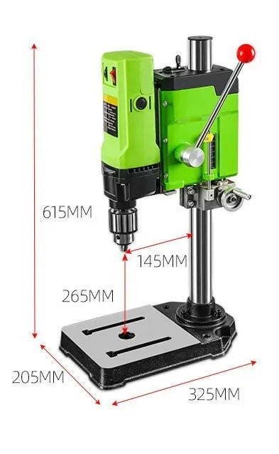 Mini bench drill and milling machine with heavy-duty bench pliers on a workbench.