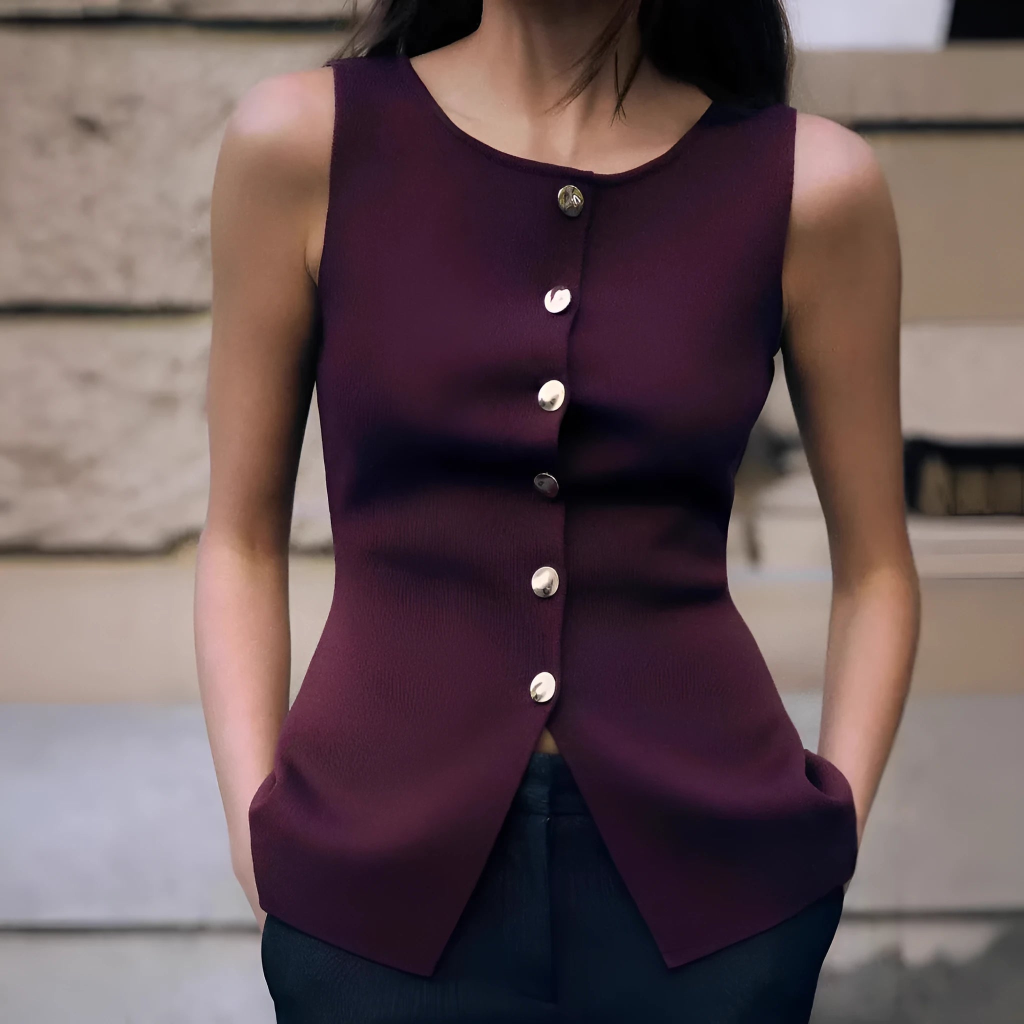 Dark red women's slim-fit viscose sweater vest with a 3D pattern, shown on a hanger.