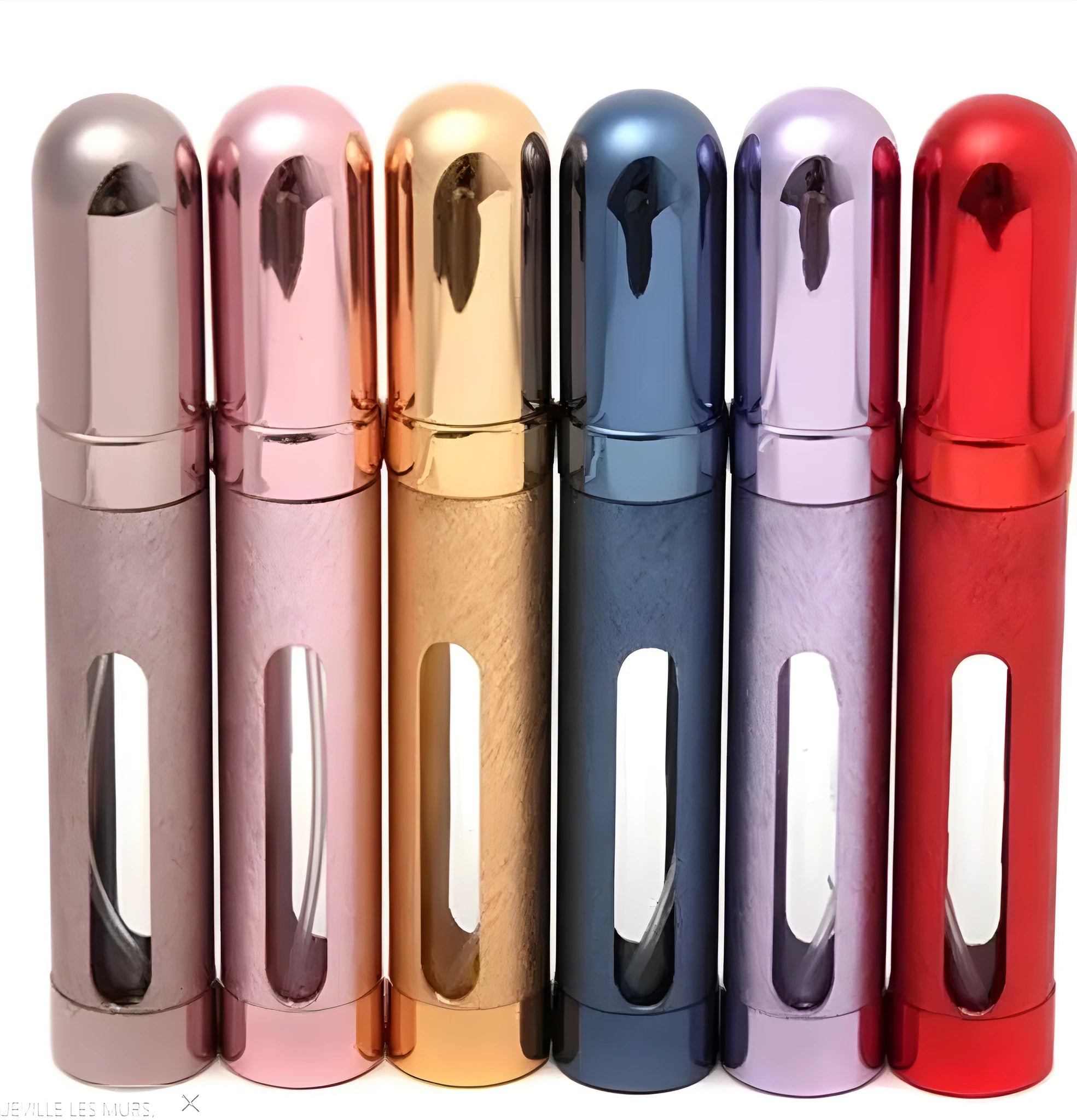 Slender aluminium travel perfume bottle with glass liner in a choice of six colours, shown next to a ruler showing 115mm length.