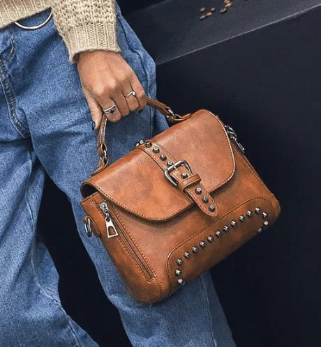 Women vintage leather crossbody handbag with flap pocket, rivet details, 25x20x12cm, available in five colours