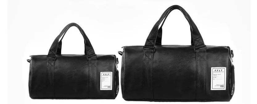 Black waterproof sports bag with diagonal straps and separate shoe compartments in two size options