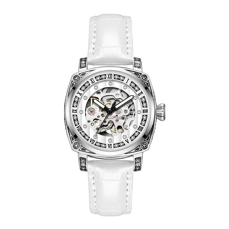 Men's mechanical watch with luminous hands on a leather strap, showing black, red, steel, and white colour options.